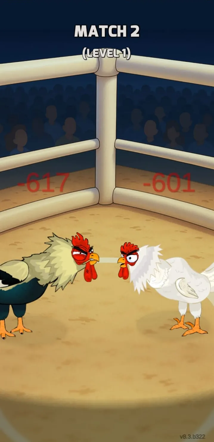 Both chickens strike at once in a Manok Na Pula match, each losing HP