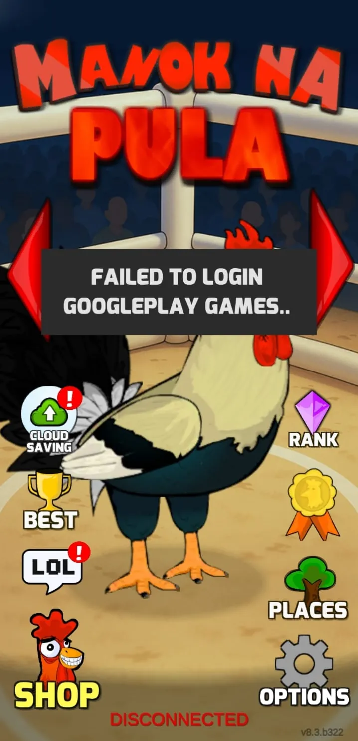 Failed to login Google Play Games message in the Manok Na Pula mod build