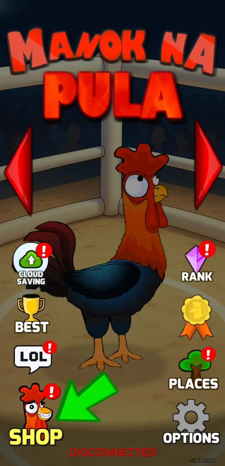 Manok Na Pula main menu with Shop, Rank, Places and Options