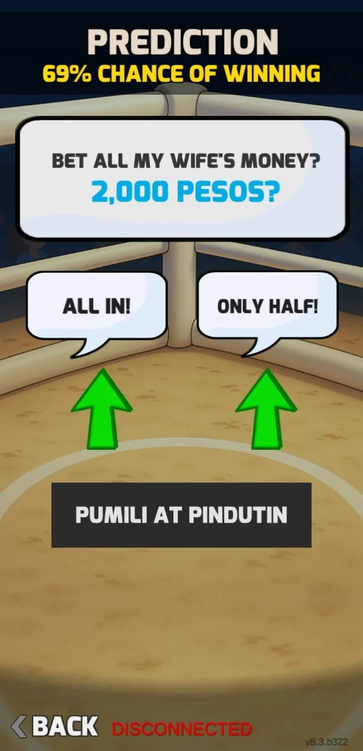 Manok Na Pula match prediction showing a 69% chance of winning before the 2,000-peso bet