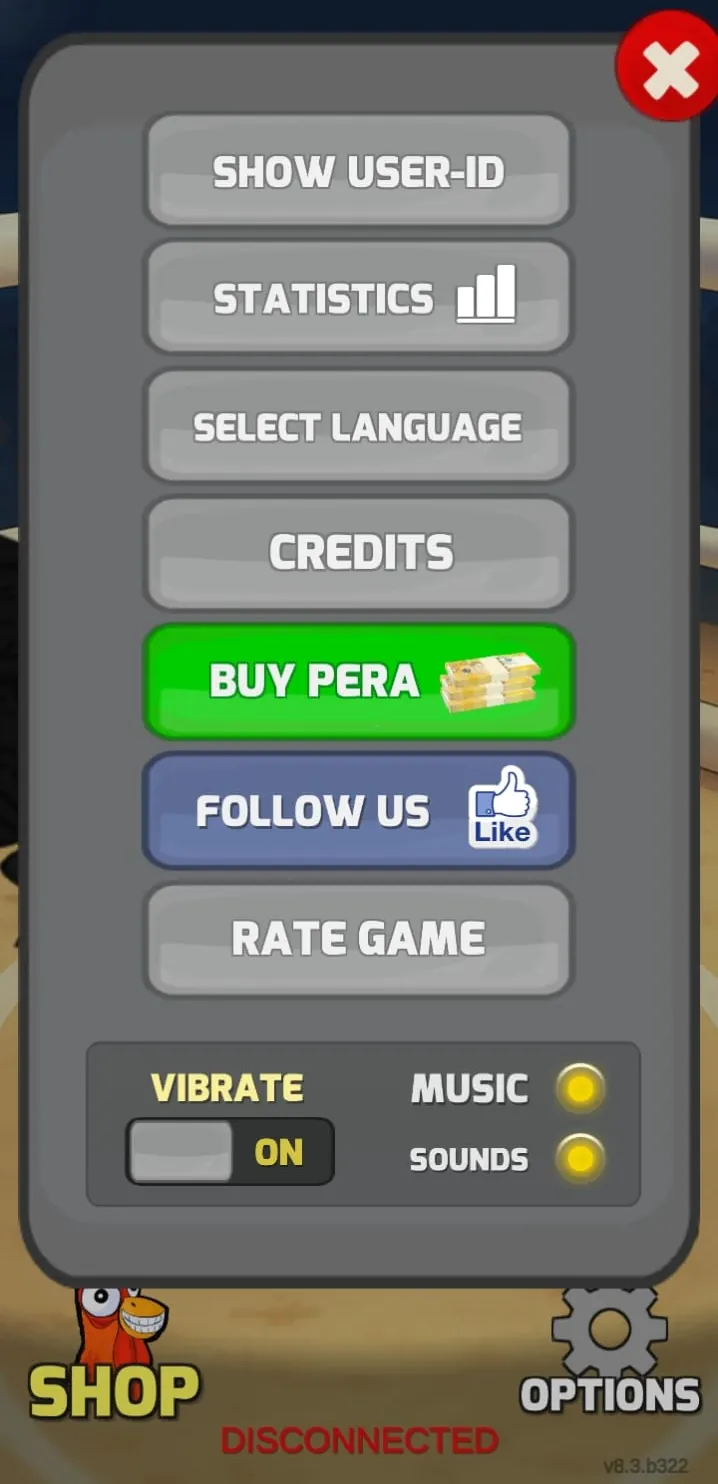 Manok Na Pula Options menu with Show User-ID, Statistics, Buy Pera and Rate Game