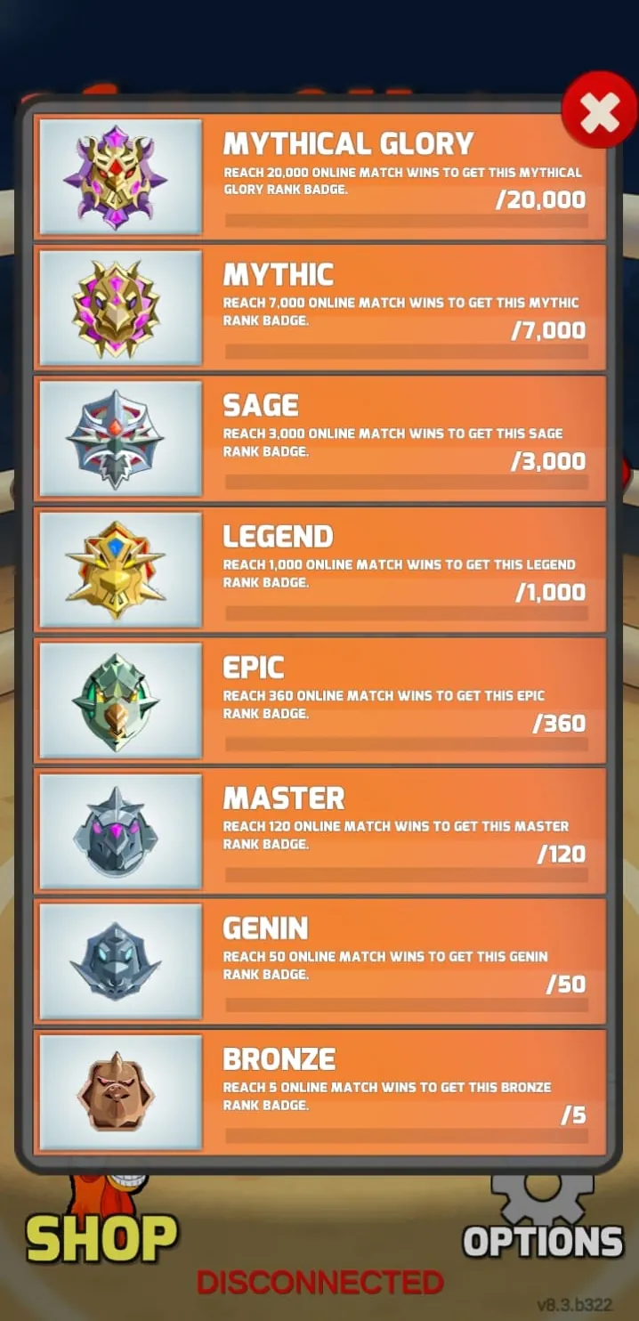Manok Na Pula rank badges from Bronze at 5 online wins to Mythical Glory at 20,000