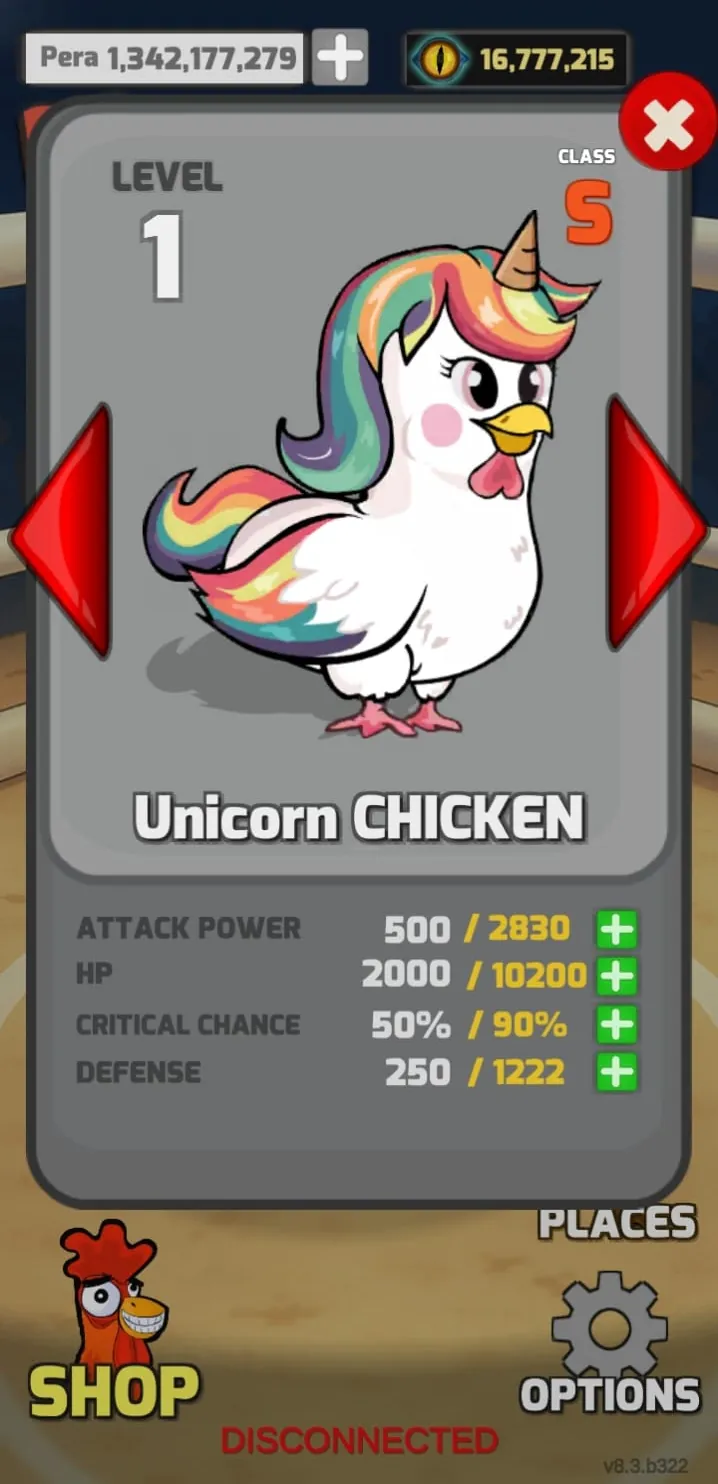 Manok Na Pula Unicorn Chicken stat card, Class S, with 1,342,177,279 Pera and 16,777,215 Dragon Eye in the mod build