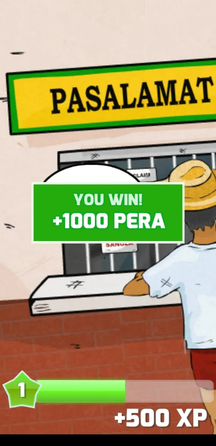Manok Na Pula win screen paying +1,000 Pera and +500 XP