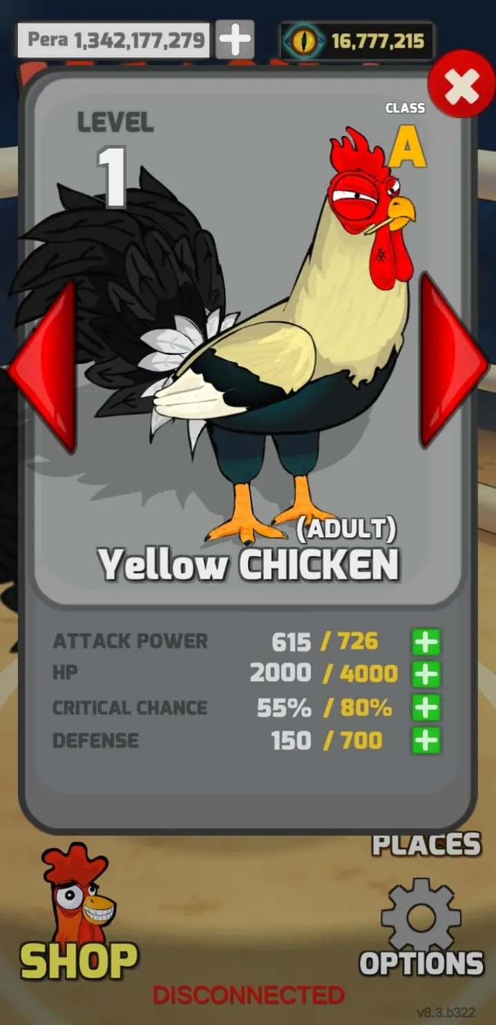 Manok Na Pula Yellow Chicken stat card, Class A, showing attack, HP, critical chance and defense against their maximums
